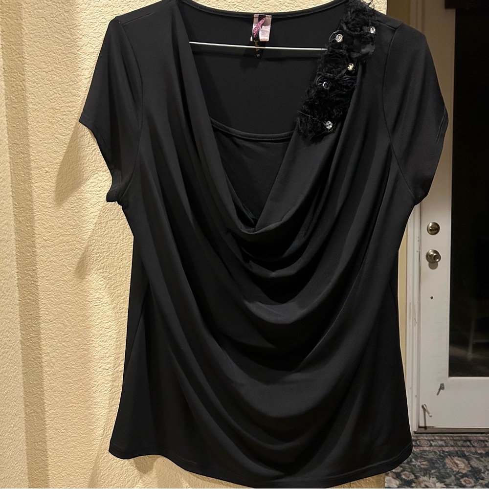 Elegant Black Women's Top with Floral Embellishment